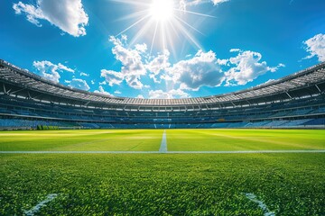 Fototapeta premium Sunny day, modern sports stadium with empty seats, view from the stands on an open green field of grass, blue sky
