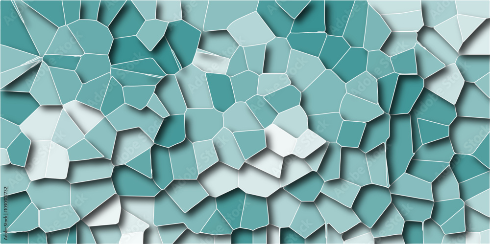 Poster Light mint-colored broken stained glass background with white lines. Seamless pattern with 3D shapes, vintage background. Geometric retro tile pattern with 3D shapes and a vintage quartz surface.
