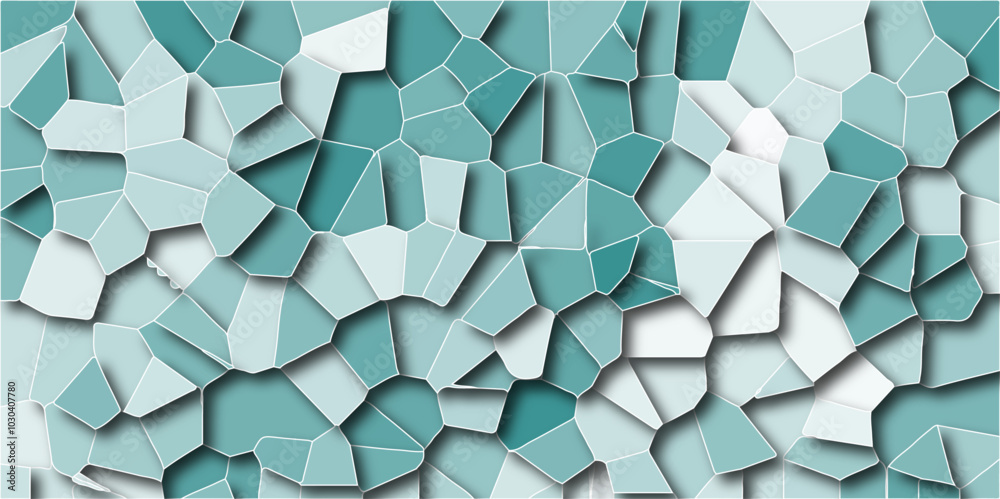 Poster light mint-colored broken stained glass background with white lines. seamless pattern with 3d shapes