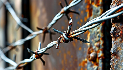 Rusty barbed wire entwined with history weaves through an old weathered gate