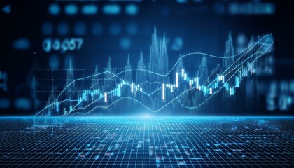 Creative growing forex chart on blue bokeh grid background. Trade, money, finance and success concept. 3D Rendering