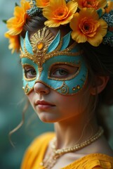 Young woman wearing a blue and gold masquerade mask with a flower crown.