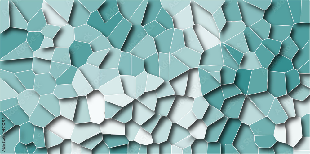 Poster Light mint-colored broken stained glass background with white lines. Seamless pattern with 3D shapes, vintage background. Geometric retro tile pattern with 3D shapes and a vintage quartz surface.