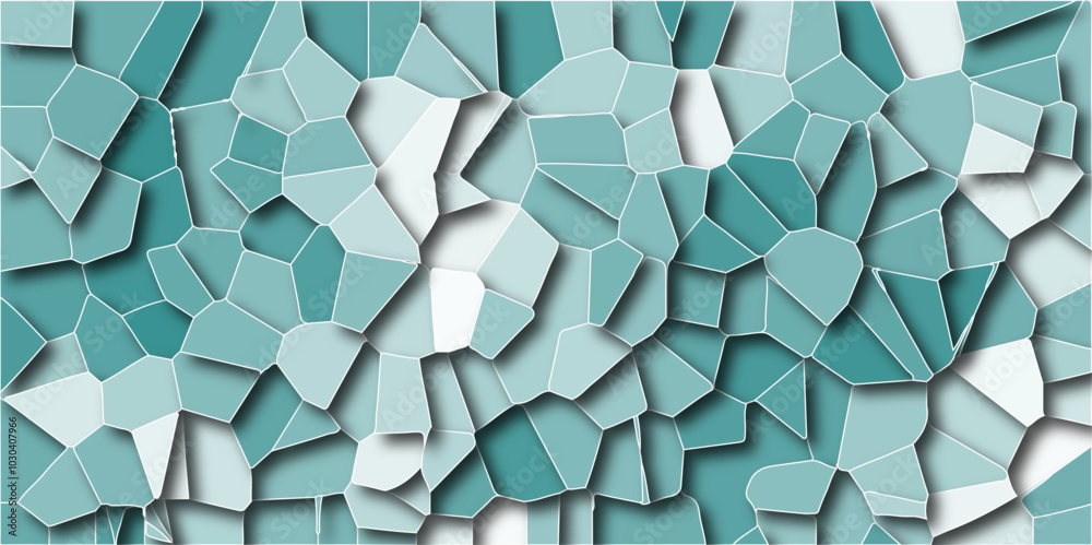Poster light mint-colored broken stained glass background with white lines. seamless pattern with 3d shapes
