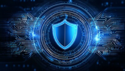 Cyber security, data and personal information privacy concept with digital blue shield icon in microcircuit circle on abstract dark background with space for advertising poster. 3D rendering, mockup