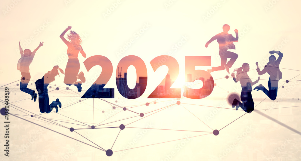 Poster ジャンプする幅広い世代の多国籍の人々　2025年新年イメージ　ビジネス向け年賀状素材