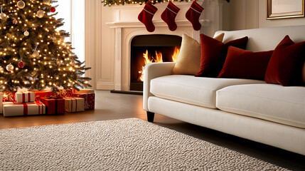 A festive holiday scene in a cozy living room, featuring a comfortable sofa covered in red and gold pillows, and a fluffy rug beneath a beautifully lit Christmas tree. Bright, warm
