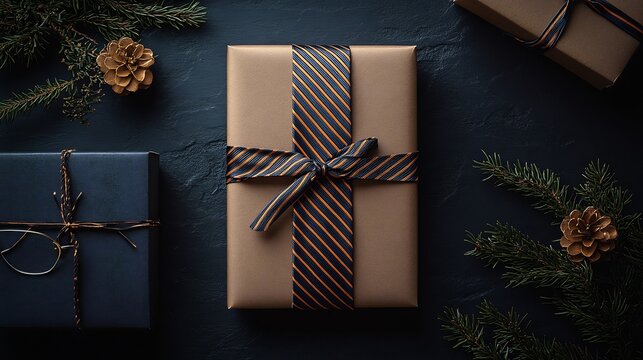Minimalistic Fathers Day scene a bold greeting card a striped necktie draped beside a gift box and sleek glasses resting on a black surface for a sharp and elegant look
