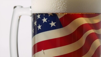 Close-up image showcasing an American flags crisp reflection within a beer mug emphasizing the symbolic contrast between patriotism and debauchery in high definition Up32K HD