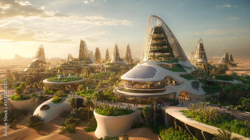 Poster a rendering of a futuristic city in a desert environment. the city is made up of several tall buildi