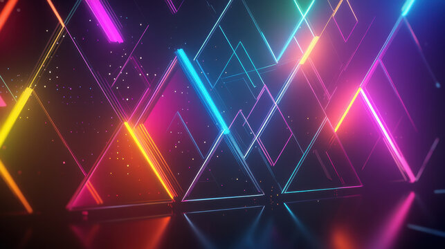 Vibrant neon triangular shapes reflect light in an abstract digital landscape at twilight