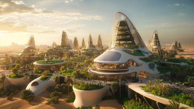 A rendering of a futuristic city in a desert environment. The city is made up of several tall buildings with unique, organic shapes - Powered by Adobe