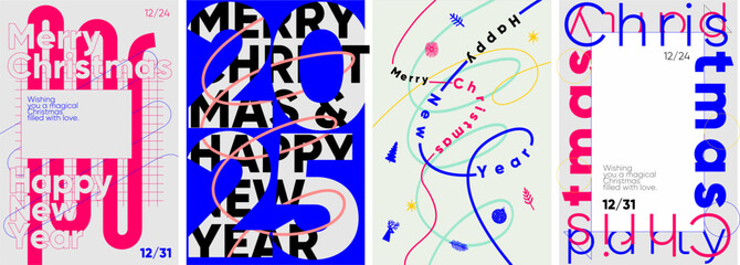 Set of four contemporary Christmas and New Year posters with vibrant typography and playful abstract elements.