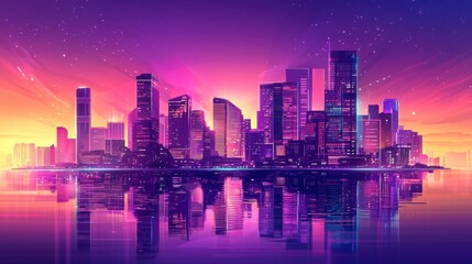 Futuristic Neon Lit City Skyline at Dusk with Mesmerizing Reflections