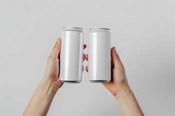 two hands holding two blank white soda cans, white background, mockup design template