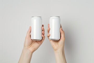 two hands holding two blank white soda cans, white background, mockup design template