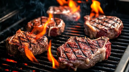 Sizzling Steak Cooking on a Grill with Flames