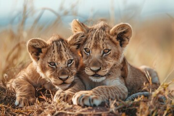 Two lion cubs playing together in an African savannah background, with high resolution photography.