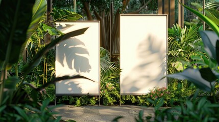 Two vertical blank white billboards in a tropical city, with tropical plants and trees on the sides of the road and street lights.