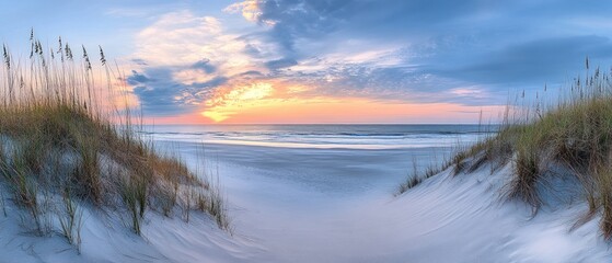 Sandy Beach Pathway at Sunset with Grass and Sea