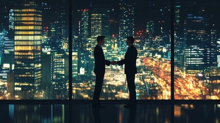 Two businessmen in suits stand in front of a large window overlooking a city at night. The city is brightly lit, with many skyscrapers visible. The men are shaking hands.