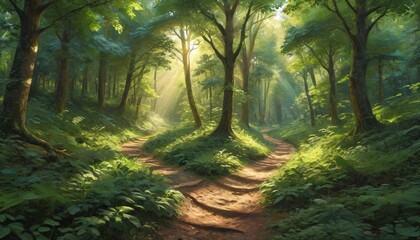 Fototapeta premium A lush forest path dappled with sunlight invites wanderers to explore the beauty of nature while finding solace and rejuvenation, Generative AI