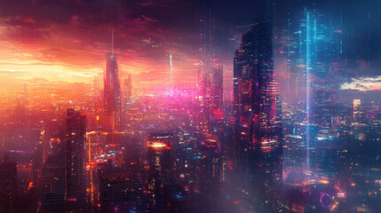 Fototapeta premium Vibrant neon cityscape in a futuristic metropolis under a starlit sky at dusk