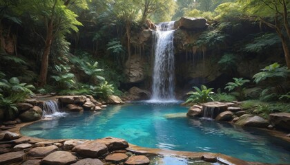 A soothing waterfall cascades into a crystal-clear pool, creating a harmonious environment that encourages relaxation and mindfulness, Generative AI