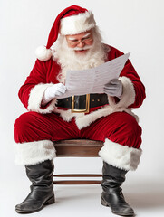 Santa Claus sitting and reading a letter in traditional red suit on white background