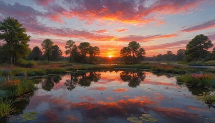 A stunning sunset over a tranquil pond reflects vibrant colors, inspiring a sense of calm and appreciation for nature's artistry, Generative AI