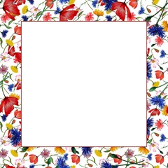 Watercolor frame of wild flowers, poppies, cornflowers and dandelions, bright and colorful background with empty space in the center for text or image. Suitable for invitations, cards and decoration.