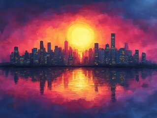 Obraz premium a stunning city skyline silhouette against a dramatic sunset, showcasing the urban landscape in a blend of colors and light, evoking feelings of wonder and exploration