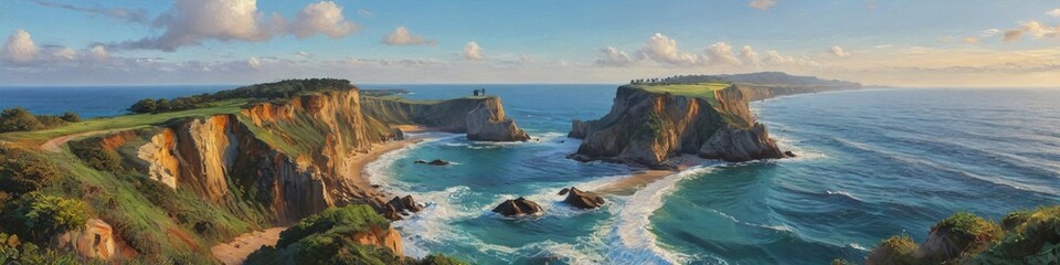 Fototapeta premium A picturesque coastal cliff overlooking the ocean creates a breathtaking view, inviting deep breaths and moments of peace in nature�s splendor, Generative AI