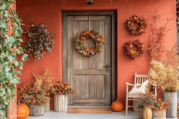 autumn wreath decor, a display of rustic fall wreaths hang on the door, complemented by warm orange and red shades and subtle golden touches