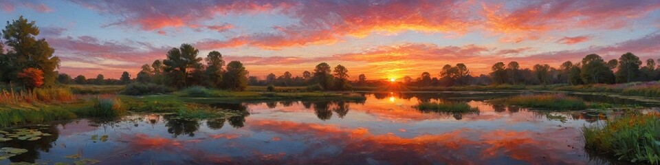 Fototapeta premium A stunning sunset over a tranquil pond reflects vibrant colors, inspiring a sense of calm and appreciation for nature's artistry, Generative AI