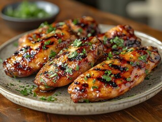 a succulent plate of grilled chicken wings glistening with a savory glaze, served on a rustic wooden table, garnished with fresh herbs, inviting a mouthwatering visual experience