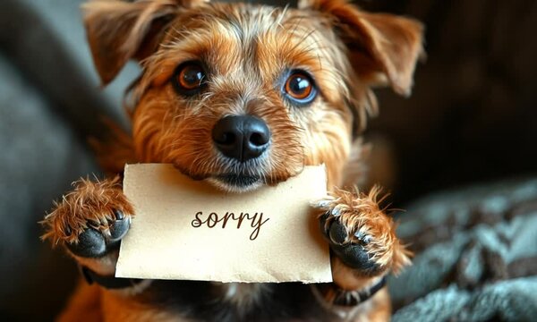 Dog with sorry note, sad but funny apology animation for cards or stories
