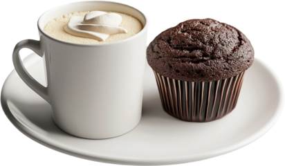 cup of coffee with chocolate muffin isolated white background