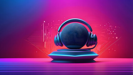 Ready for a Live Podcast, Microphone and Colorful Conference Neon Lights Background