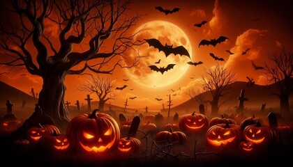 Halloween' Day with orange pumpkin, black bat, dead tree and big orange moon.