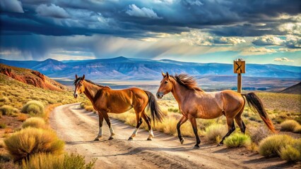 Panoramic photography showcases wild horses on Utah's Pony Express Trail, highlighting the dramatic landscapes and the untamed spirit of these magnificent creatures in their natural habitat.