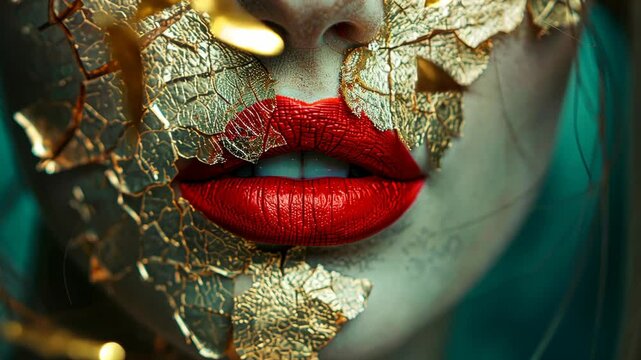 A close-up of a woman's lips, painted red, partially obscured by gold leaf