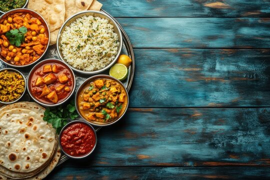indian cuisine custom, traditional indian meal displayed on a stainless steel thali on a wooden table, set in a cozy kitchen backdrop text space available