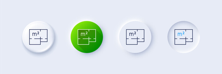 Floor plan line icon. Neumorphic, Green gradient, 3d pin buttons. House floorplan sign. Square meters of living space symbol. Line icons. Neumorphic buttons with outline signs. Vector © blankstock