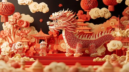 Obraz premium A vibrant scene of a Chinese New Year parade, featuring a large dragon puppet and lion dancers, all in intricate red paper-cut style, with swirling clouds and festive decorations in the background.