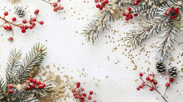 Festive Christmas-themed flat lay with pine branches, red berries, and golden confetti on white table. Perfect for holiday card design, seasonal greetings, and festive decorations. 