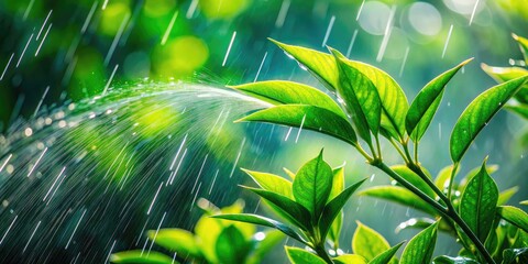 Rain gracefully falls on verdant leaves, creating enchanting patterns and soft, blurred visuals through long exposure, transforming a simple moment into a captivating nature scene.