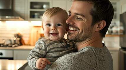 A father holds his baby son in his arms, both beaming with happiness in their kitchen