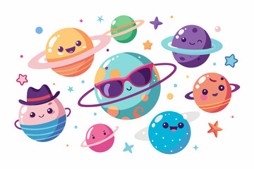 Cute Cartoon Planets and Space Adventure Vector on White Background
