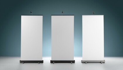 Three blank roll-up banners in a studio with gradient background. 3D Rendering